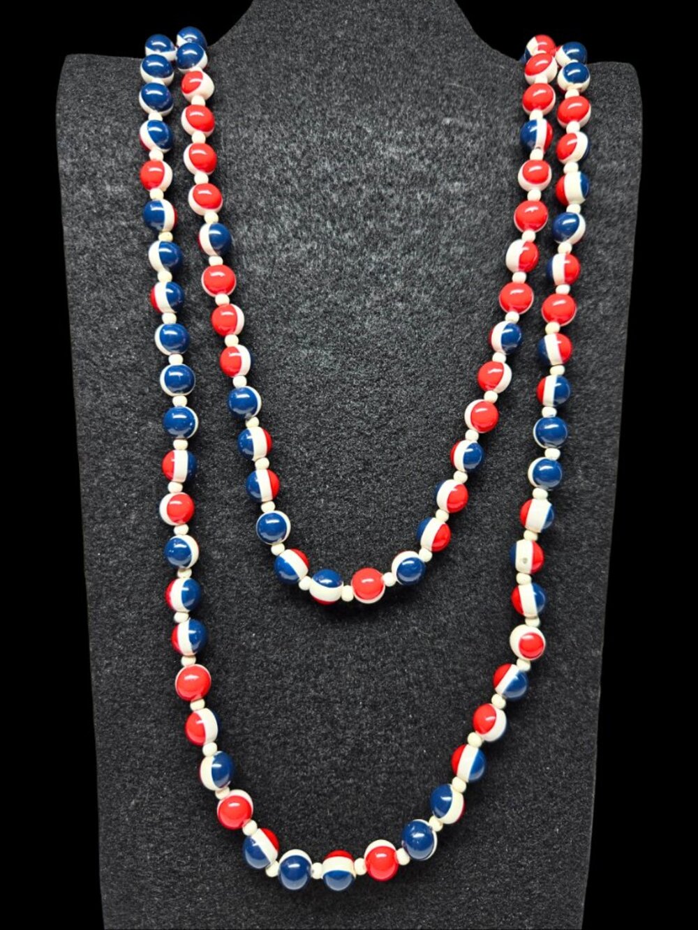 Vintage Red White Blue Acrylic Bead Strand Necklace Long 52" Hong Kong Patriotic